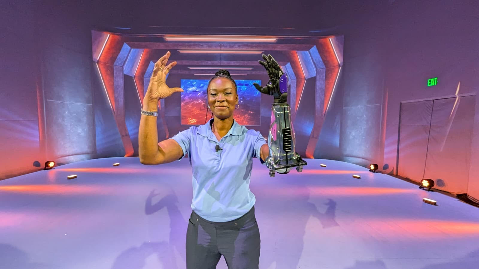 A veteran with a cybernetic prosthetic